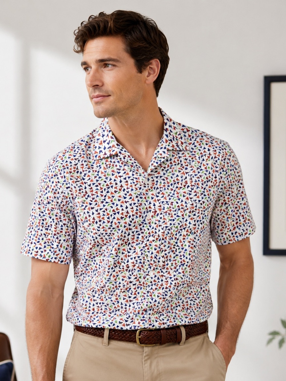 Alan Flusser Men’s Shirt Birds All OverPrint Short Sleeve Button Shirt Sz Medium